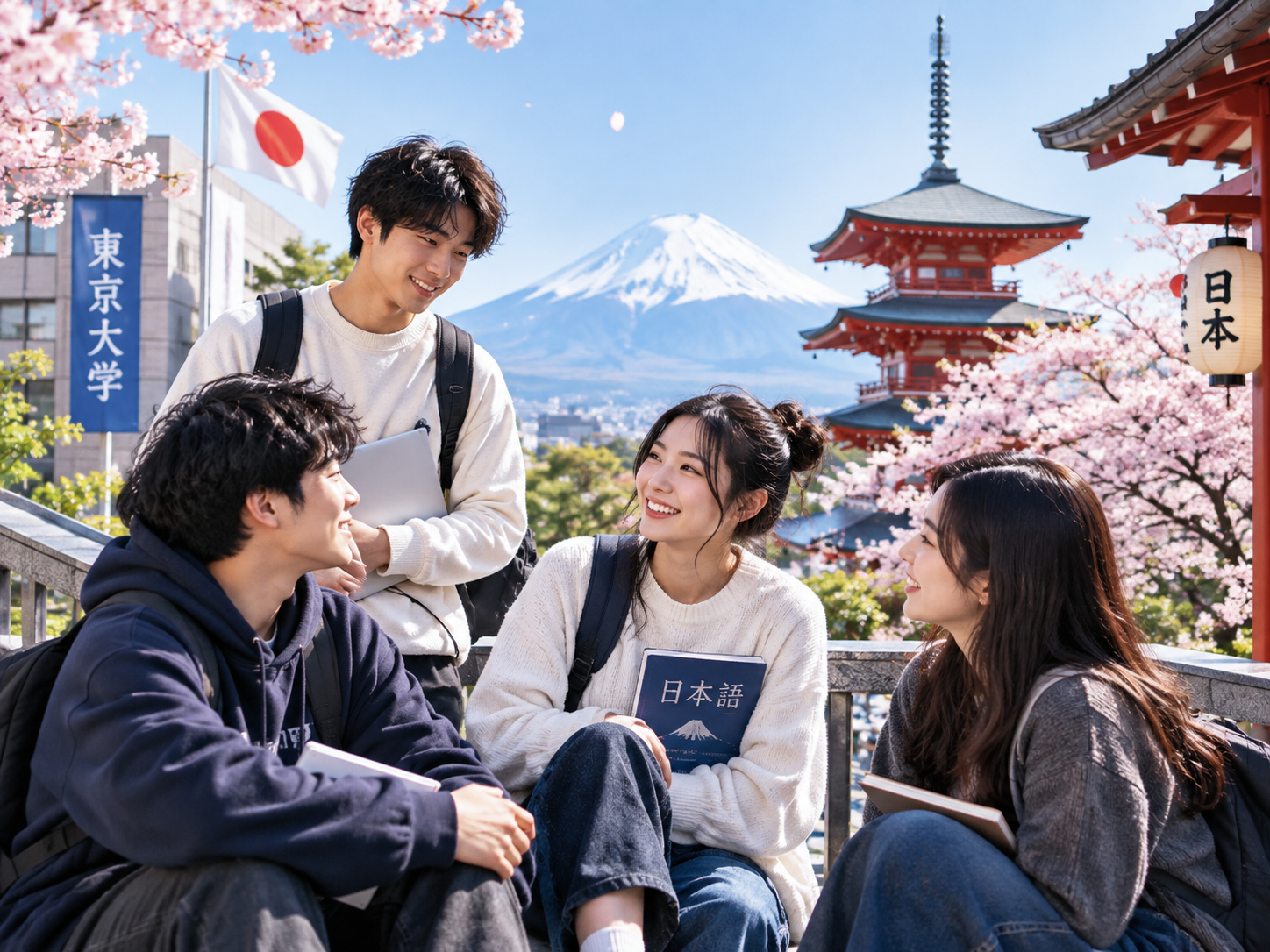 Students studying in Japan with Mount Fuji and cherry blossoms